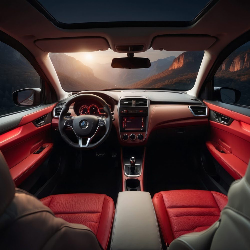 red-leather-interior-car-with-mountain-view-through-sunroof